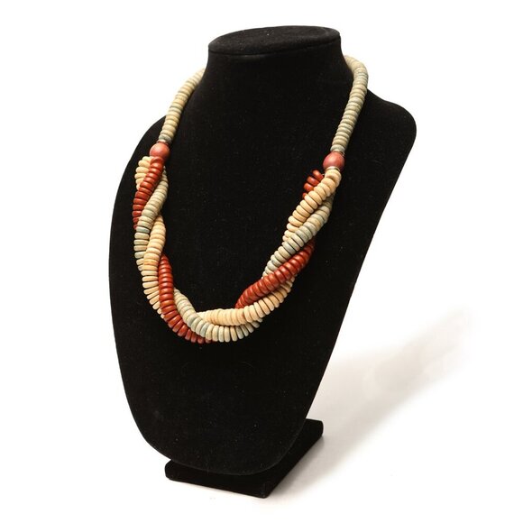 Vintage Twisted Wood Bead Necklace 3 Strand Retro Boho Brown Cream Blue - Picture 3 of 9
